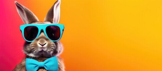 Animal bunny portraits, Cool business animal in sunglasses and suit. With copy text space, wide screen. Simple background, Generative AI