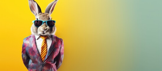Animal bunny portraits, Cool business animal in sunglasses and suit. With copy text space, wide screen. Simple background, Generative AI