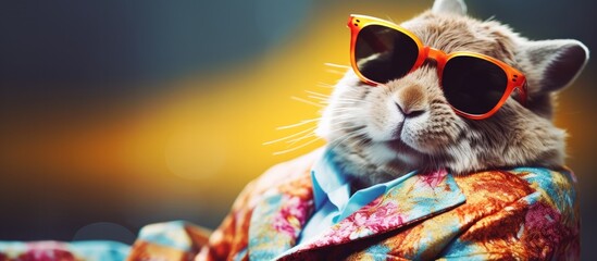 Animal bunny portraits, Cool business animal in sunglasses and suit. With copy text space, wide screen. Simple background, Generative AI