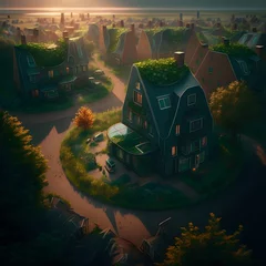 Fototapeten Lots of houses seen from a bird perspective in a beautiful sustainable solar punk scifi future Netherlands Vinex wijk full of lush nature sunny green happy in vfx unreal engine actone rendered style  © Norma