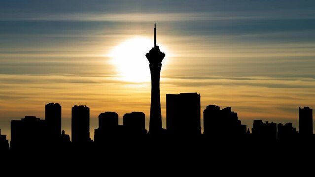 City Skyline of Las Vegas at Sunset, Time Lapse with Colorful Clouds, Nevada, United States