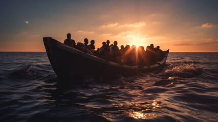 Refugees in a boat. ai generative