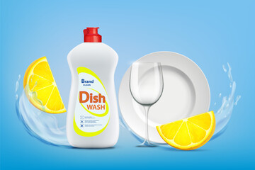 Dishwashing liquid with lemon in a plastic bottle next to clean dishes. Vector illustration