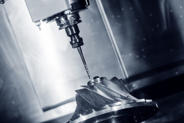 CNC turning drill milling factory processes steel turbine part process. Metal machine tools industry