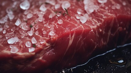 Generative AI, Raw fresh beef steak on the table with herbs and spices, close up macro photo, aesthetic muted colors	
