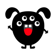 Funny monster. Happy Halloween. Cute smiling face head with ears, teeth. Black silhouette monsters. Cartoon kawaii funny kids boo baby character. T-shirt design. White background. Flat design.