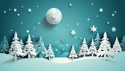 Winter landscape with tree and moon. Paper art style. 