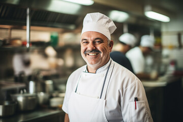 Caucasian middle aged male chef in a chef's hat with arms crossed wears apron standing in restaurant kitchen. ai generative