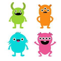 Cute monster set. Happy Halloween. Colorful monsters with different emotions. Cartoon kawaii boo baby character. Funny face head. Childish collection. White background. Flat design.