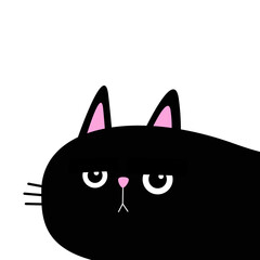 Cat peeking out from around the corner. Cute kawaii baby pet animal. Black kitten sad face head. Cartoon character. Notebook cover, tshirt, greeting card print. Flat design. White background.