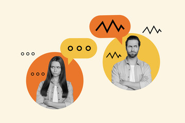 Creative artwork collage photo of two young people folded hands unhappy argue communicate dialogue...
