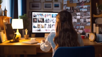 View of the shoulder of a schoolgirl sitting at her desk, on the computer screen, a collage of many participants in a video conference. the concept of using modern technologies in teaching 