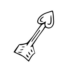 Arrow with a heart. Vector black and white contour drawn by hand. Isolated object on a white background. Design, template, clipart, logo, icon, sketch.