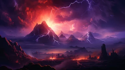 Zelfklevend Fotobehang Magma cracks purple sky mountains © Roses
