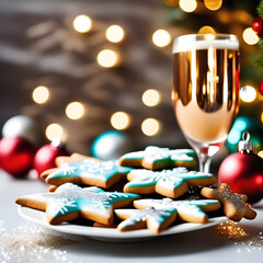 Christmas cookies and drinks under beautiful lights background 17