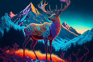 a stag in the mountains highly detailed with micro detail vibrant colours trippy illustration high contrast neon colors LSD hyper detailed  - obrazy, fototapety, plakaty