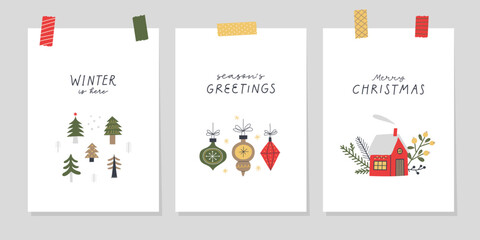Christmas greeting cards or tags with lettering and hand drawn design elements. Postcard or invitation template.  - 659931765