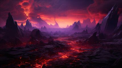 Magma cracks purple sky mountains