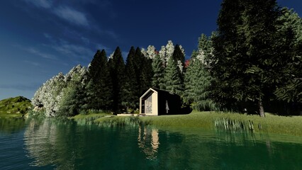 Nordic style house with a swimming pool, surrounded by nature, in a 3D design.