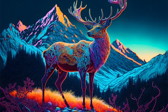 a stag in the mountains highly detailed with micro detail vibrant colours trippy illustration high contrast neon colors LSD hyper detailed 