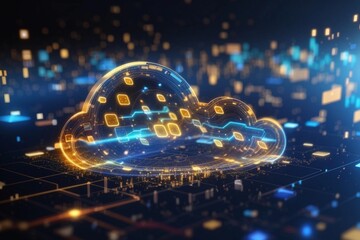 Digital informational technology web futuristic hologram with cloud icon, blue golden light digits and code background, cloud computing. Abstract Motion of digital data flow