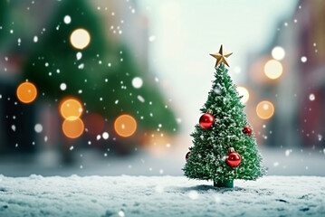 Decorated Christmas tree. Christmas background with copy space.