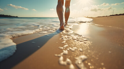 Close-up of female legs getting out of the sea water and walking on sandy beach at beautiful sunset