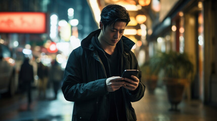 Young asian man standing in the city street with smartphone in his hands. Defocused street view in the background. - obrazy, fototapety, plakaty