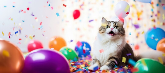 Merry holiday with a cat on a background with balloons and confetti. - obrazy, fototapety, plakaty