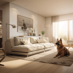 Elegant living room, dog sitting on the rug watching TV