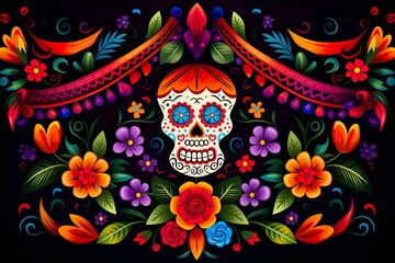 Mexican carnival style background, decorative painting with flags, flowers, decorations, Mexican style decorative painting, colorful Mexican carnival illustration