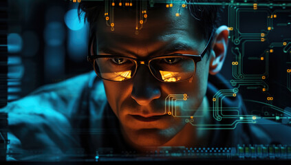 Close up shot of developer with eyeglasses using PC in office at night