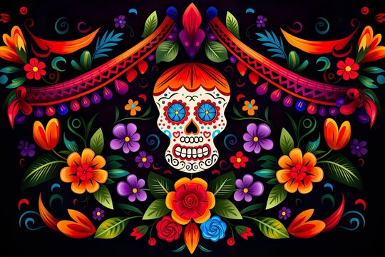Mexican carnival style background, decorative painting with flags, flowers, decorations, Mexican style decorative painting, colorful Mexican carnival illustration