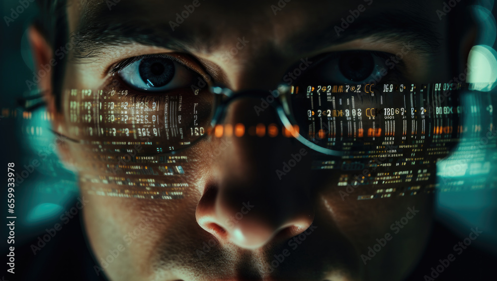 Aufkleber close up shot of man coding on pc with reflection of code in front of him