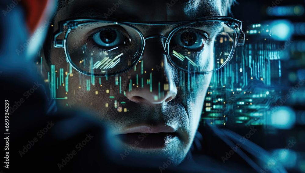 Poster close up shot of man using desktop pc with reflection of screen in front of him