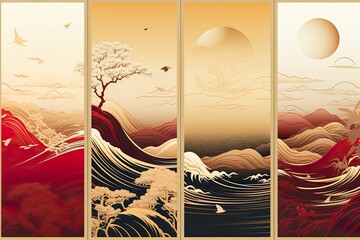 Triptych series background with Chinese and Japanese pattern oriental line art and golden line art texture. Wallpaper with Mount Fuji, sunshine, cherry blossoms, ocean and waves, oriental style backgr