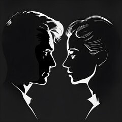 a vector illustration clever use of negative space using only black and white showing the profiles of a men a women up close They are looking at each other 