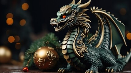 Fototapeta premium Dragon symbol of New Year, mighty and powerful, commanding attention against vibrant scene.