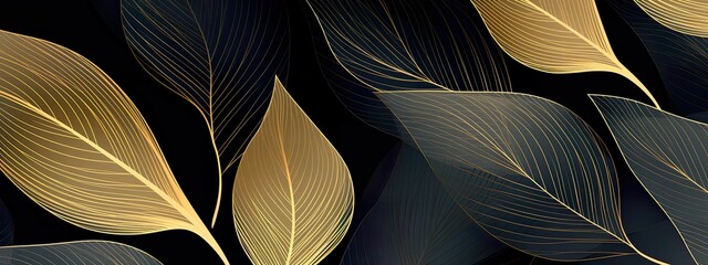 Japanese style gold leaf plant on black background (extra wide scale), modern, art deco wallpaper background pattern. Line design for interior design, textiles, textures, posters, wrapping paper, gift