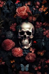 Hand drawn 3d retro floral wallpaper with skulls, flowers, butterflies. Dark plant background (vertical view). Repeating pattern for fabric, paper, wallpaper, canvas design