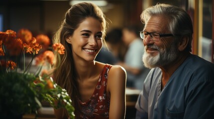 Fototapeta premium Portrait of middle aged male doctor and young attractive female patient with a bouquet of flowers. Confident and experienced clinician in blue uniform communicates with a patient in medical facility.