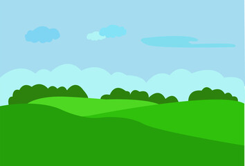 Obraz na płótnie Canvas Paysage avec dégradé de vert sur la prairie et ciel avec nuages sur fond bleu 