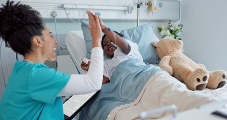 Happy woman, doctor and high five with child patient for success, teamwork or good job on hospital bed. Friendly female person or medical nurse touching hands of little boy smile in support at clinic - obrazy, fototapety, plakaty