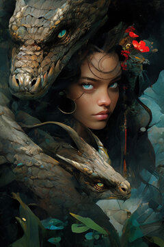 portrait of a woman with dragon, python