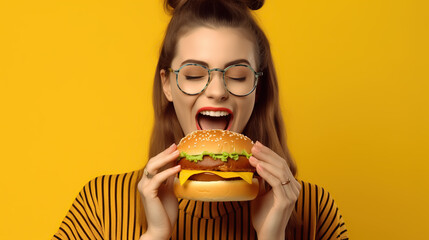 woman eating hamburger  - obrazy, fototapety, plakaty
