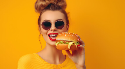 woman eating hamburger  - obrazy, fototapety, plakaty