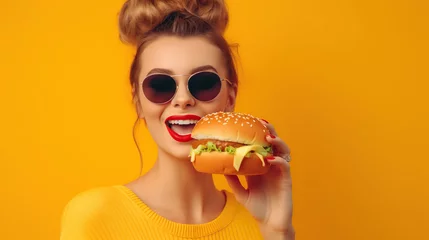 Zelfklevend Fotobehang woman eating hamburger  © iwaart
