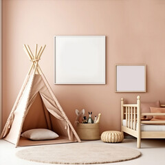 Mock up frame in children room, minimalistic style interior