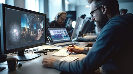 Graphic designer work on computer with graphic drawing pen while brainstorming unique design with professional graphic team in modern digital studio workplace