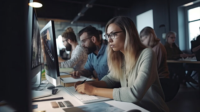 Graphic designer work on computer with graphic drawing pen while brainstorming unique design with professional graphic team in modern digital studio workplace - Powered by Adobe